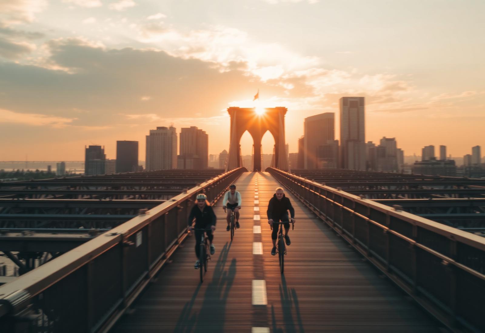 Riders crossing Brooklyn Bridge